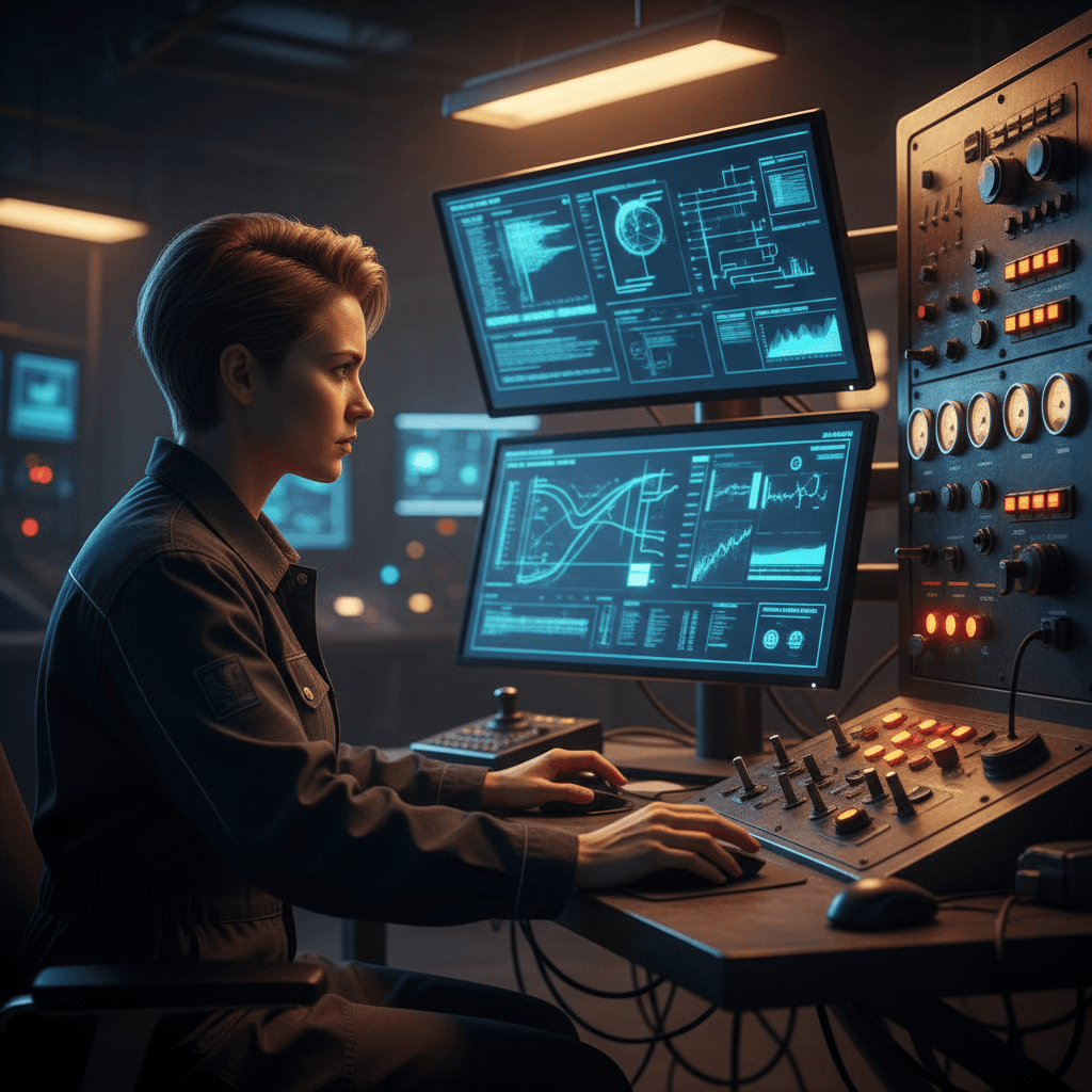 Technician configuring industrial control system at station