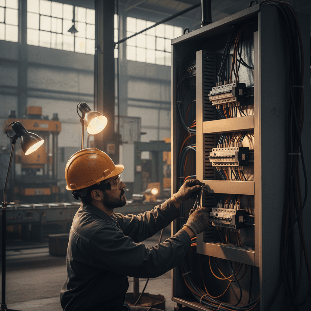 Electrician installing commercial electrical panel