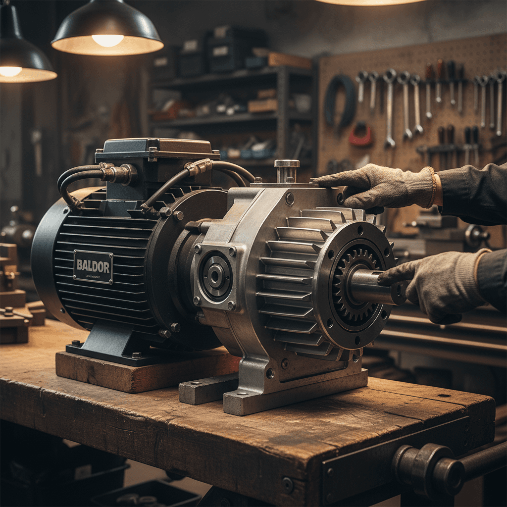 Electric motor and gearbox assembly on workbench