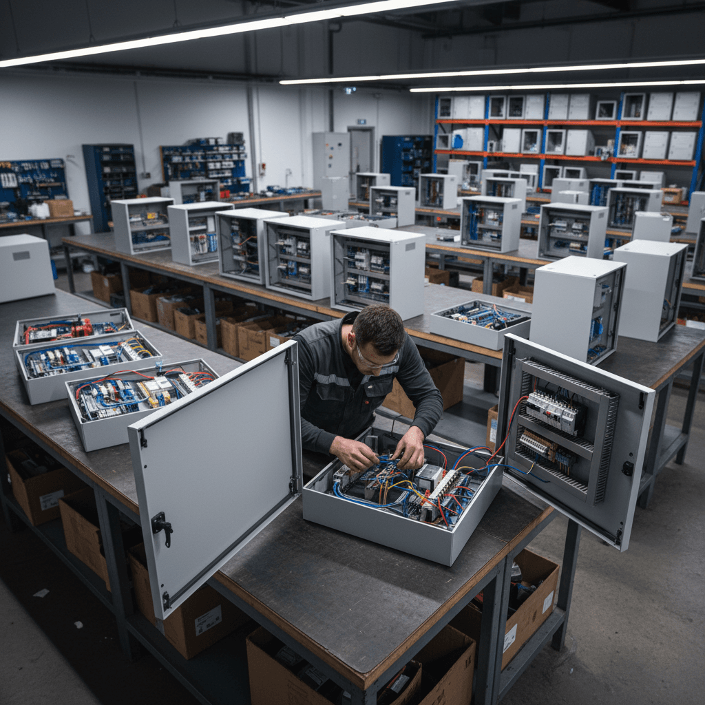 Custom control panels in workshop during assembly