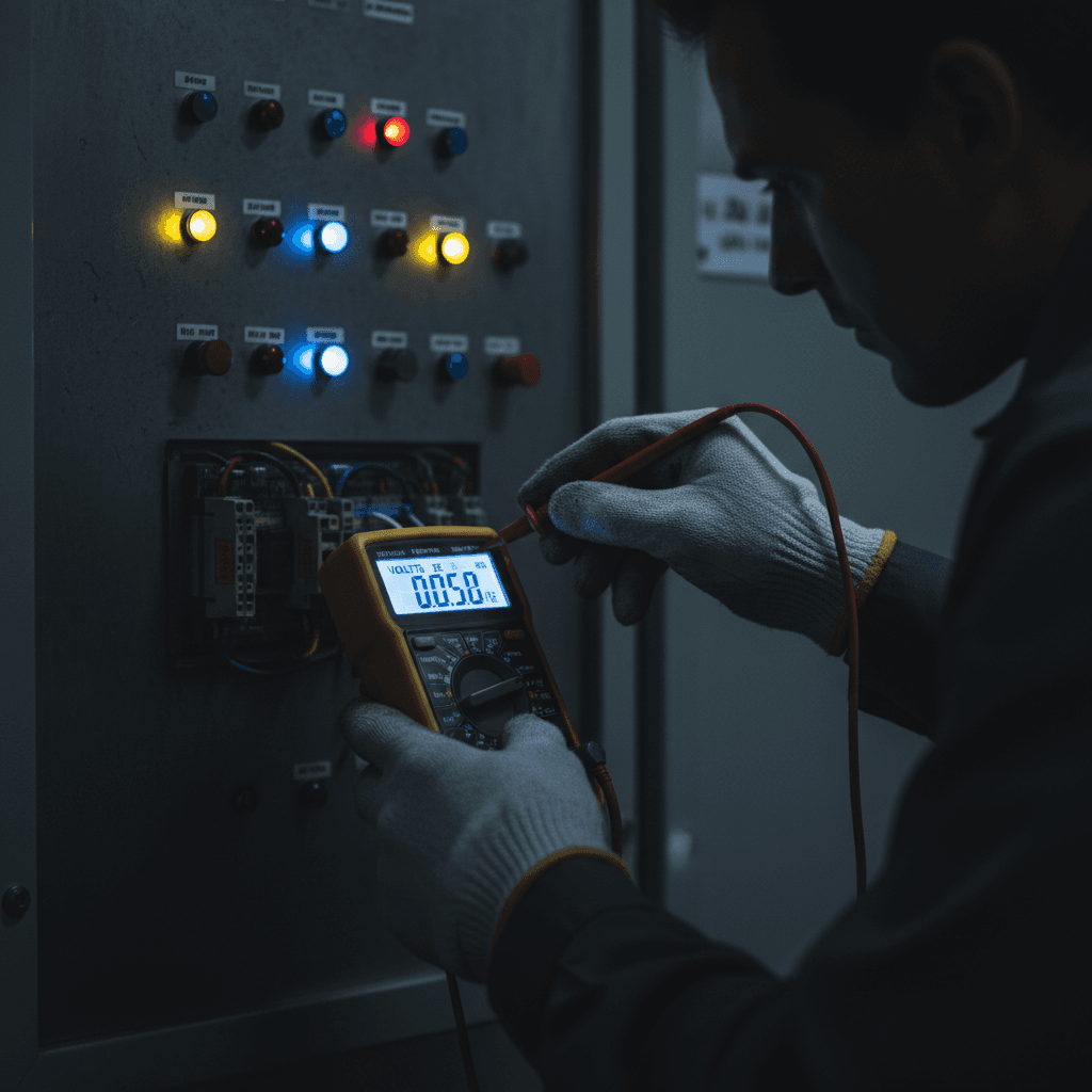 Electrician performing electrical testing with meter